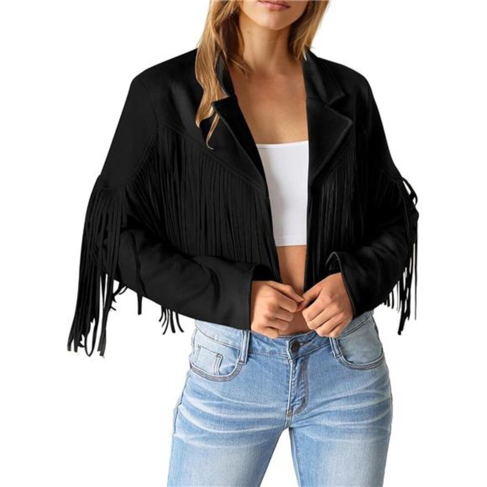 Women's Fringe Faux Suede Leather Jacket Tassel Cropped Coat - Picture 2 of 7